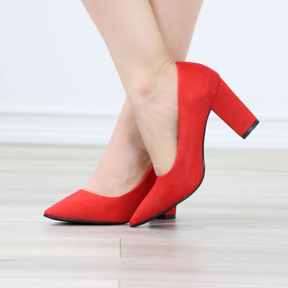 Classic Block High Heel Slip On Pointed Toe Pumps Red Suede - Picture 6 of 12